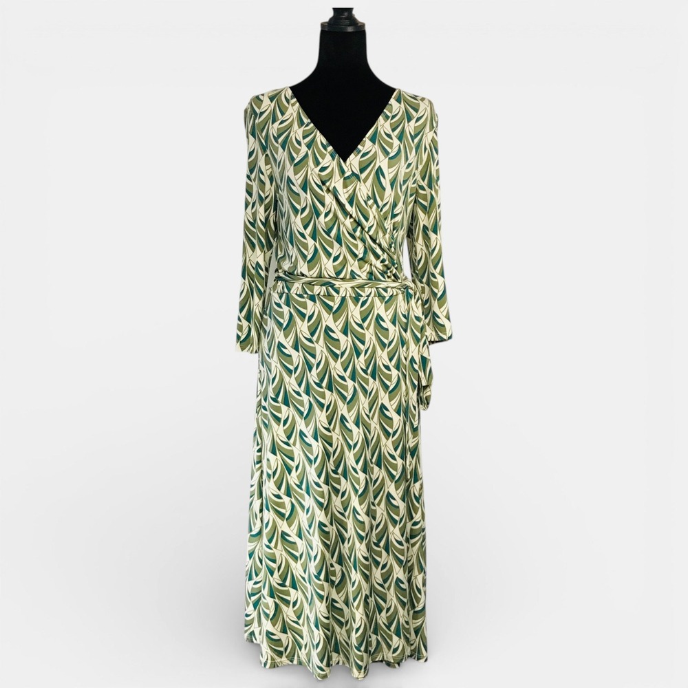 Max and‎ Cleo Womens Medium Green Geometric Leaf Print Faux Wrap Midi Dress